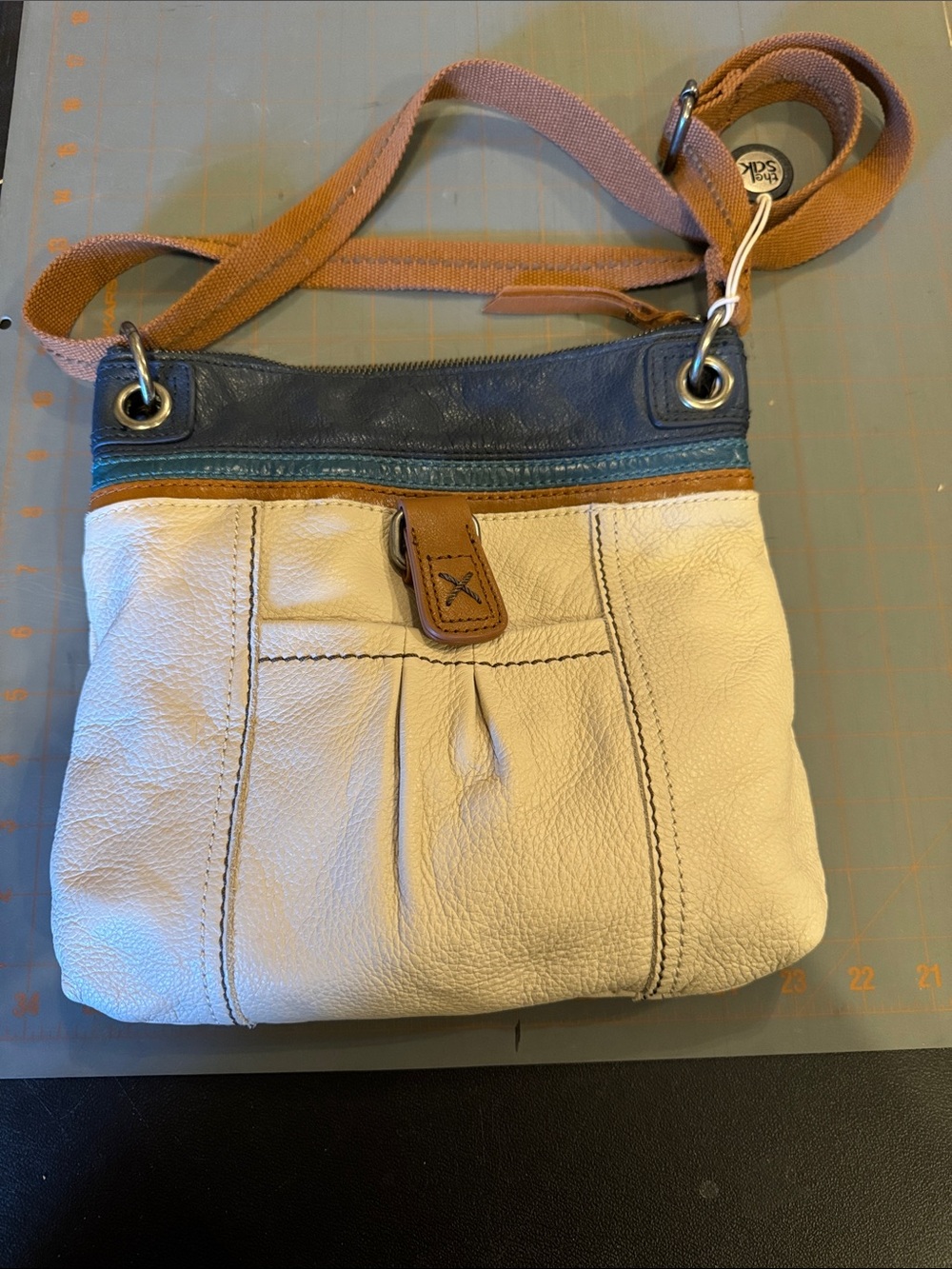 The Sak Leather Crossbody Bag in Cream and Blue with Contrast Trim
